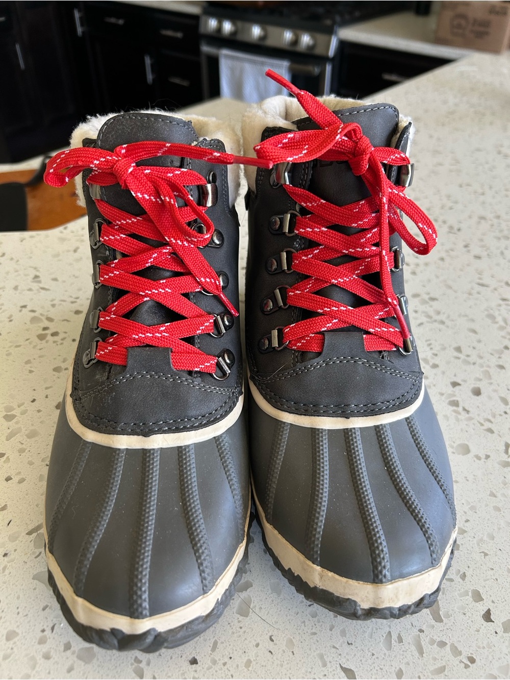 JBU Gray and Red Women's Winter Rain Boots